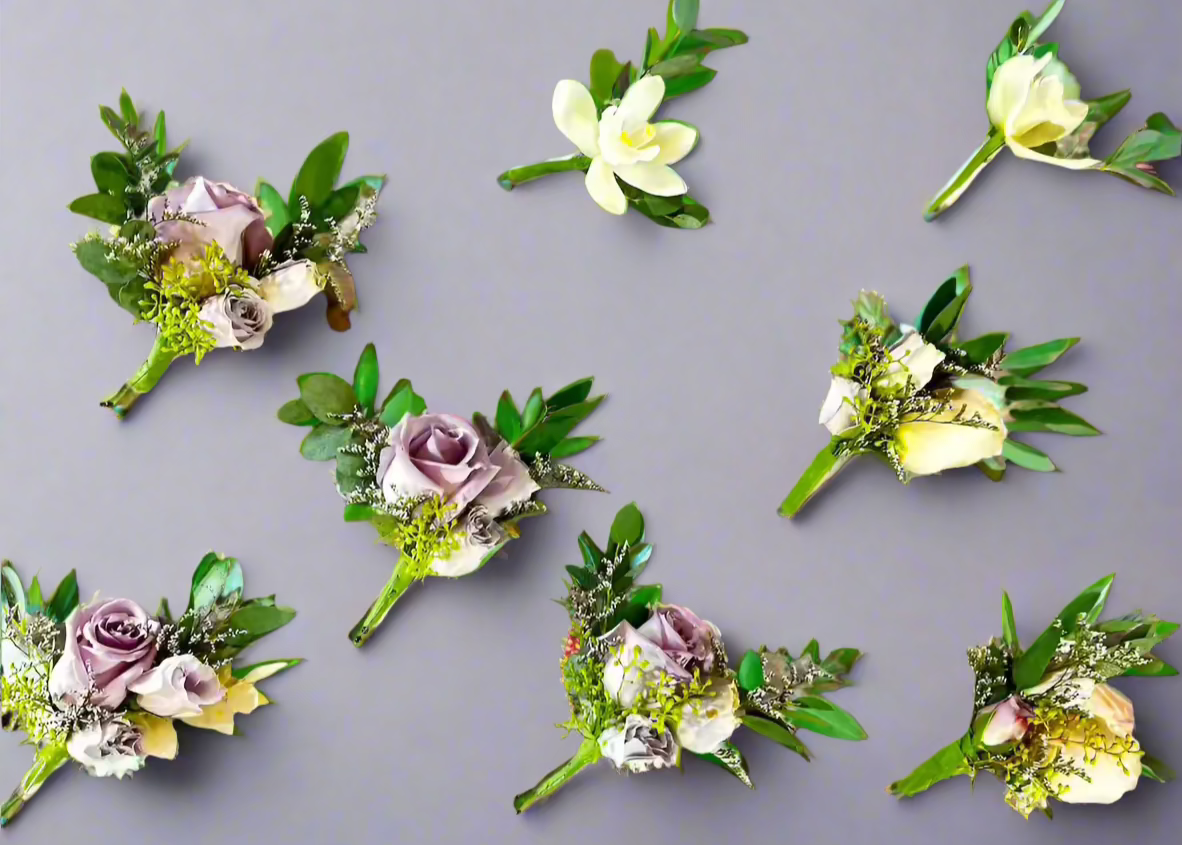 Collection of floral boutonnieres on a gray background