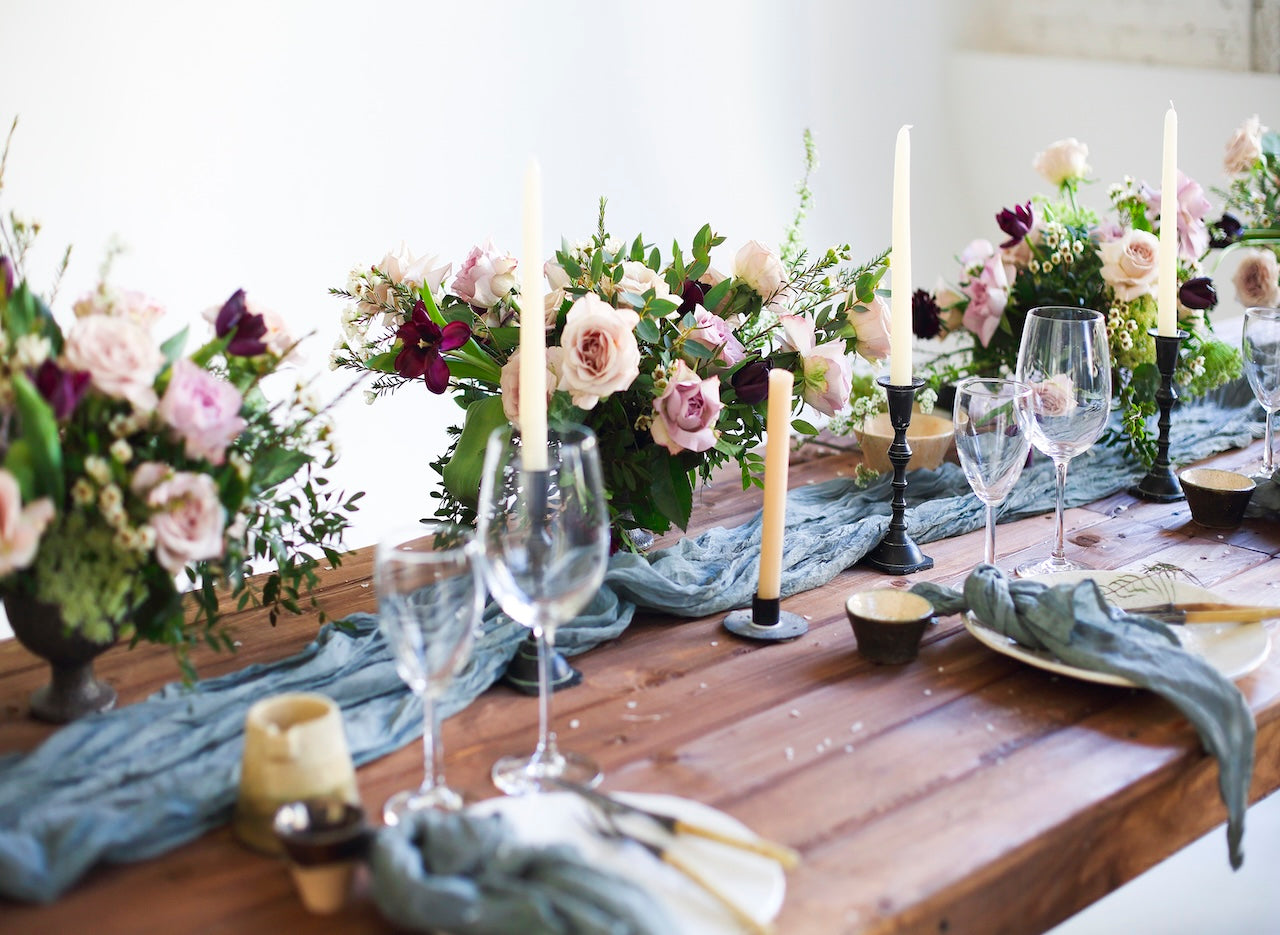 garden inspired low floral wedding long table decor in Vancouver